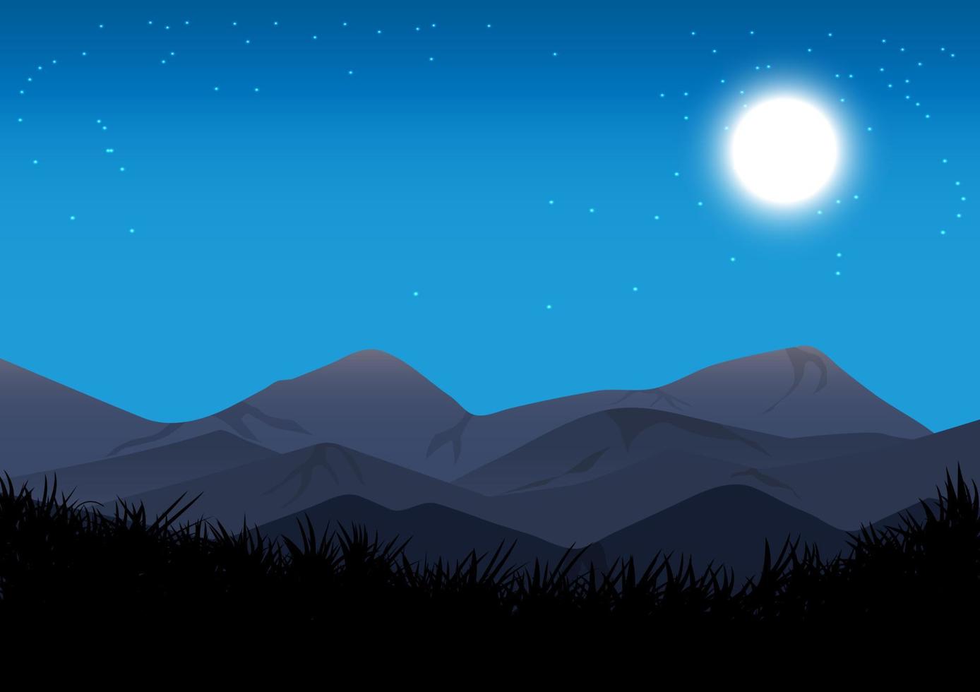 paisaje vista montaña y luna en el cielo por la noche diseño gráfico ilustración vectorial vector