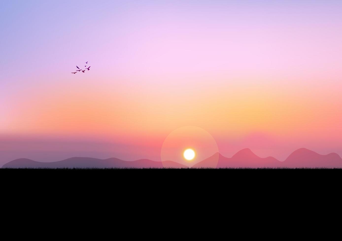 Gráficos dibujo paisaje vista al aire libre y crepúsculo silueta de puesta de sol con hierba en el suelo para ilustración de vector de fondo de papel tapiz