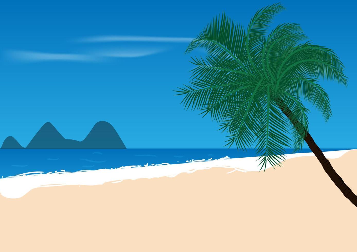 Gráficos dibujo paisaje océano y playa de arena con ilustración de vector de árbol de coco