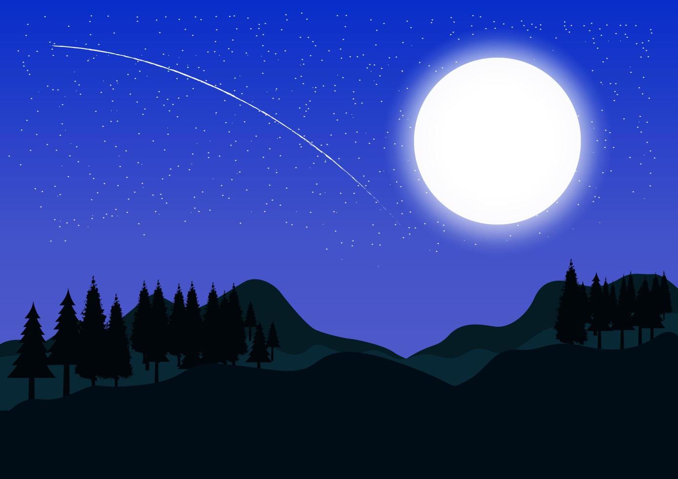 imagen gráfica paisaje vista bosque árbol montaña silueta crepúsculo con luna vector ilustración