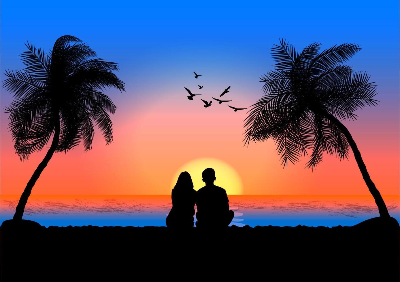 graphics image A couple man and women sitting look at sunset on the beach design vector illustration