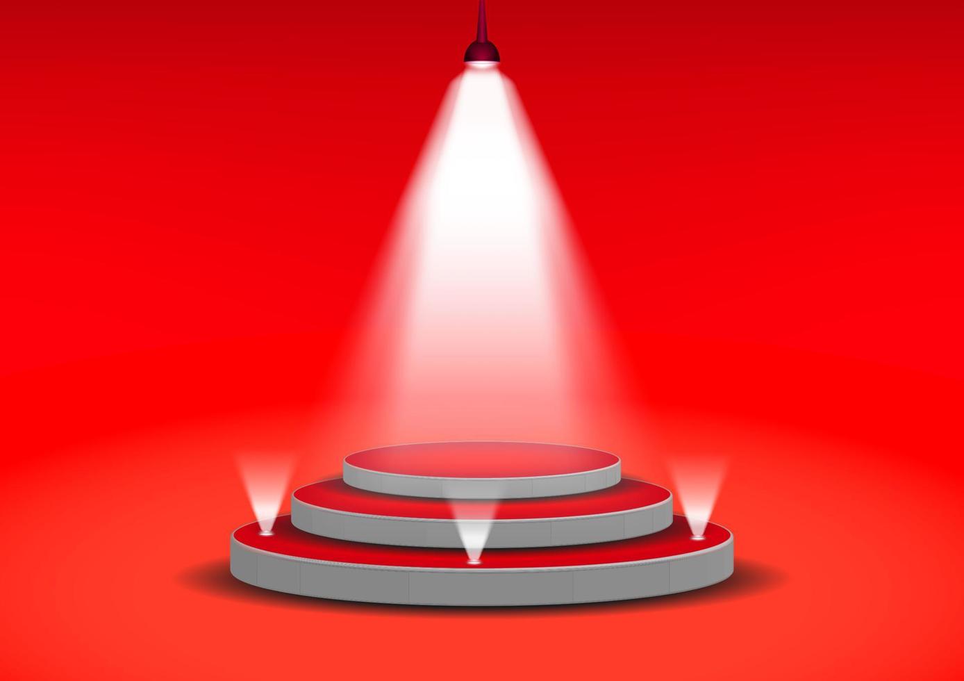 podio para mostrar el producto con luz blanca brillante de focos ilustración vectorial de fondo rojo vector