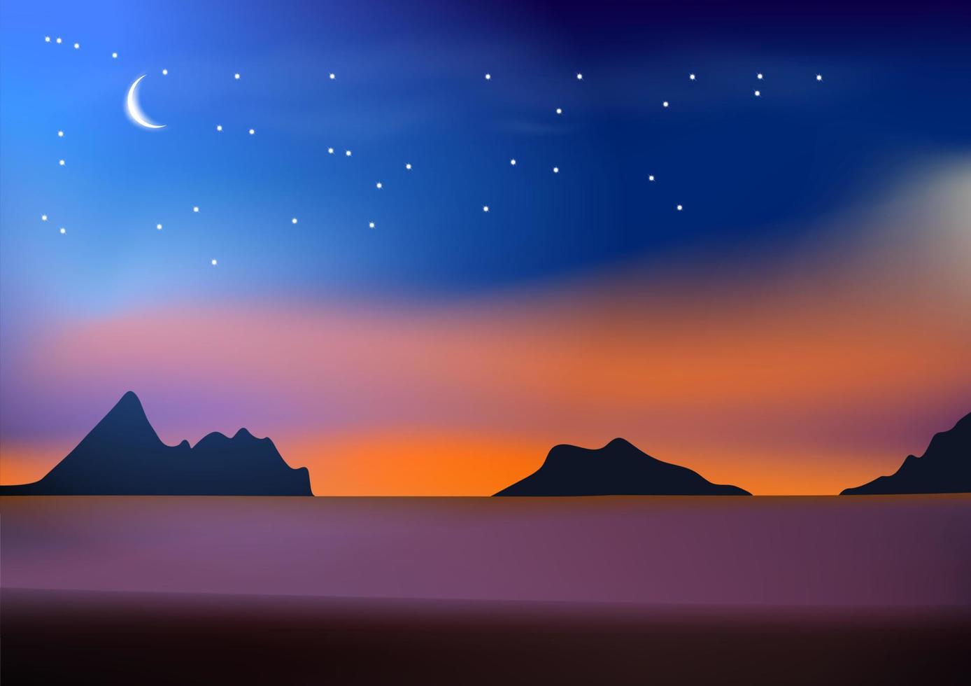 Gráficos dibujo paisaje playa vista al mar con luna cielo y estrella y crepúsculo después de la puesta del sol ilustración vectorial vector