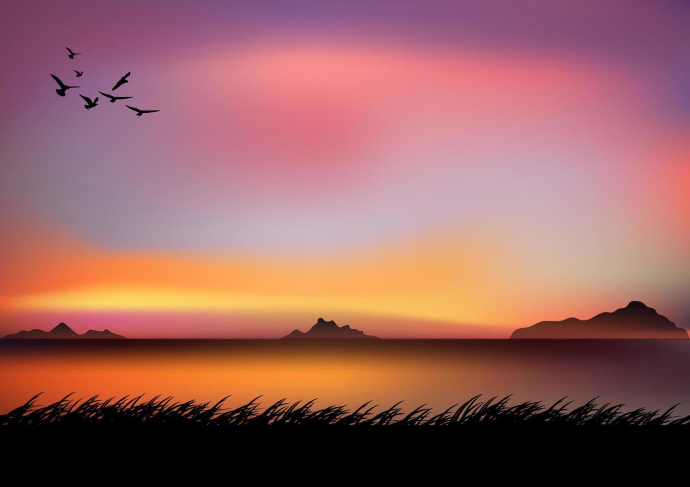 gráficos dibujo paisaje vista naturaleza al aire libre y silueta crepuscular con hierba en el suelo para ilustración de vector de fondo de papel tapiz