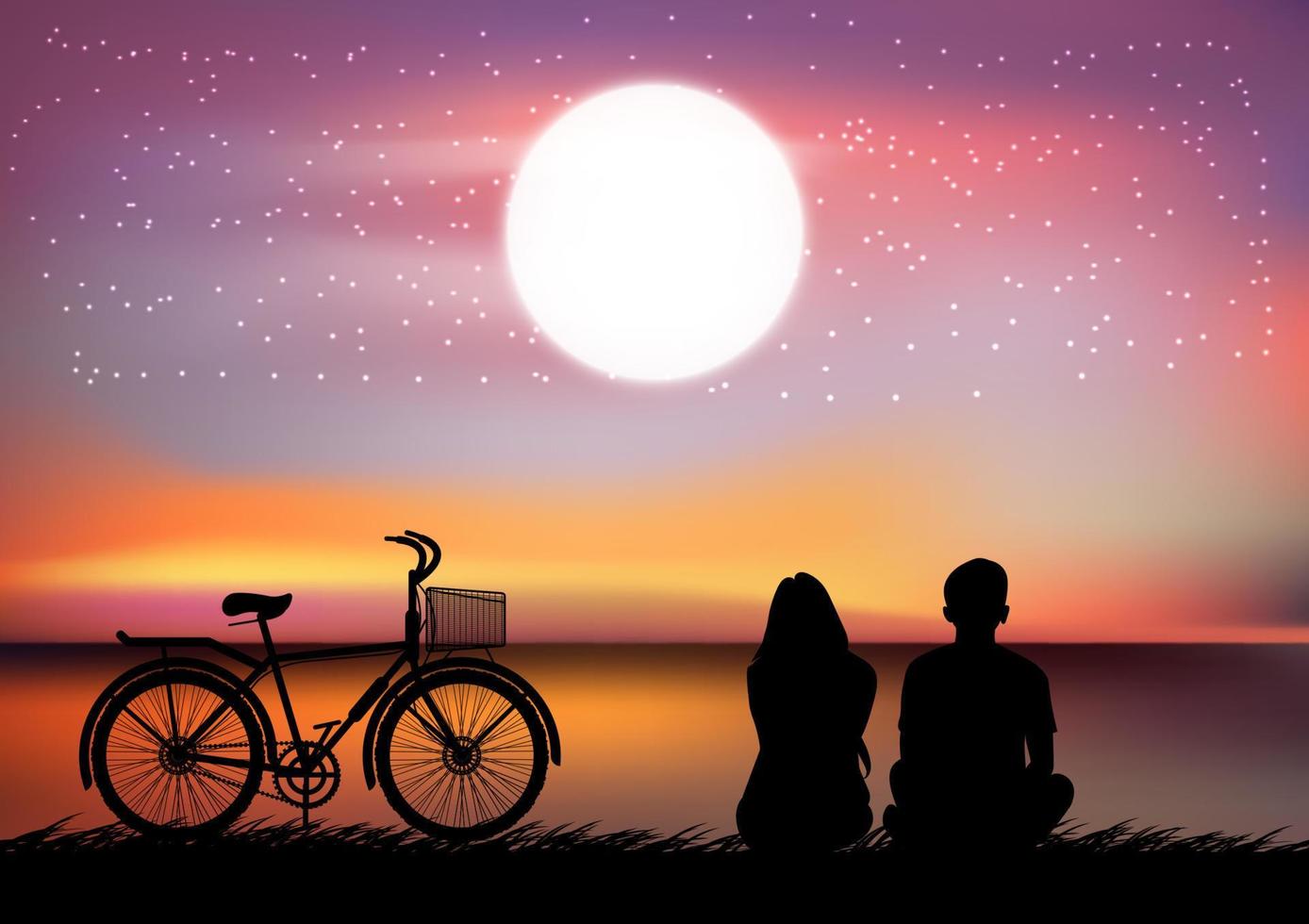 imagen de silueta una pareja de hombres y mujeres sentados en la playa con la luna en el cielo por la noche ilustración vectorial de diseño vector