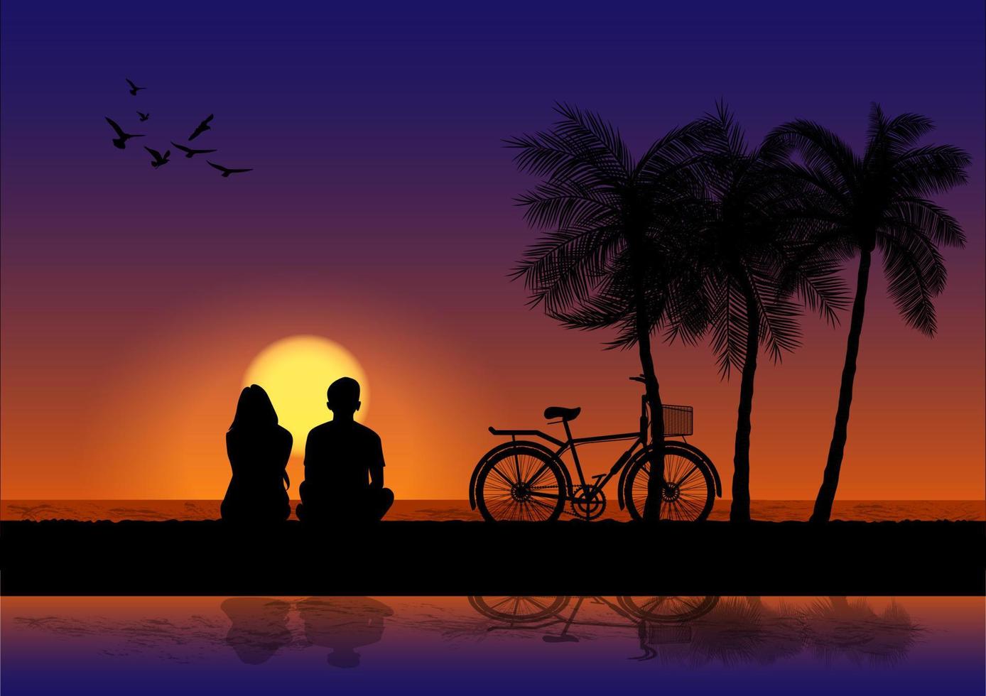 imagen gráfica una pareja de hombres y mujeres sentados miran la puesta de sol en la ilustración de vector de diseño de playa