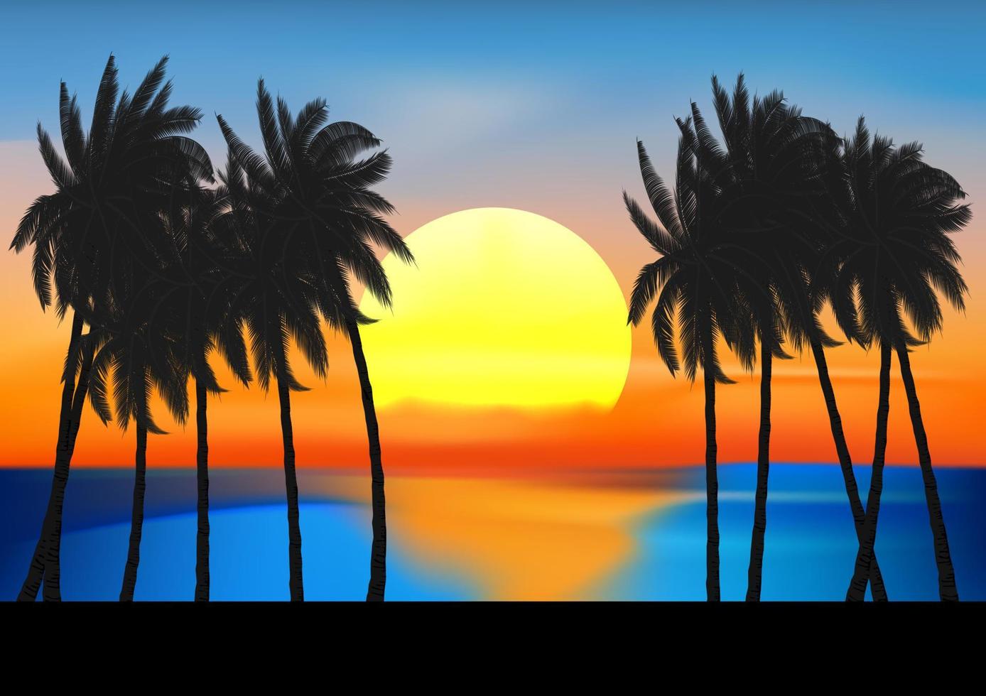 paisaje vista dibujo palmera y puesta de sol en el océano ilustración vectorial vector