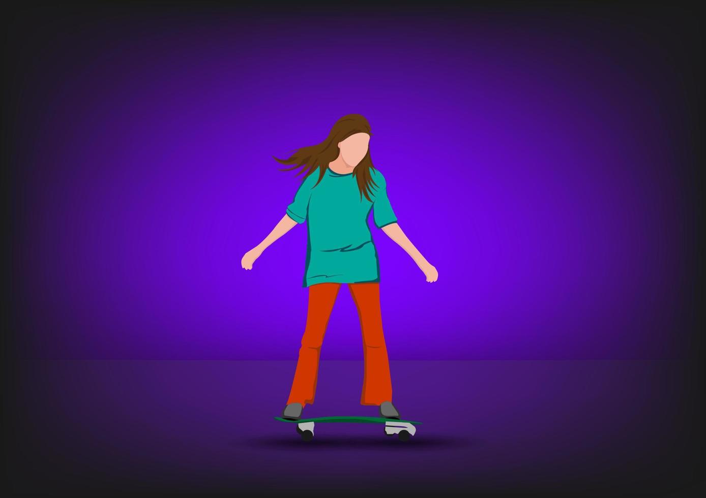 imagen gráfica chica personaje de dibujos animados montando una patineta o surf patinando de pie púrpura fondo vector ilustración