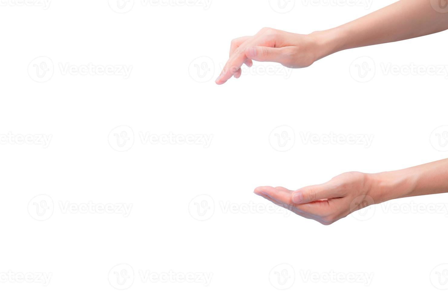 Asian woman hands gesture press with two fingers and receive isolated on white background. Hand acting press cosmetic product bottle with pump and another hand gesture received cream, gel, or lotion. photo