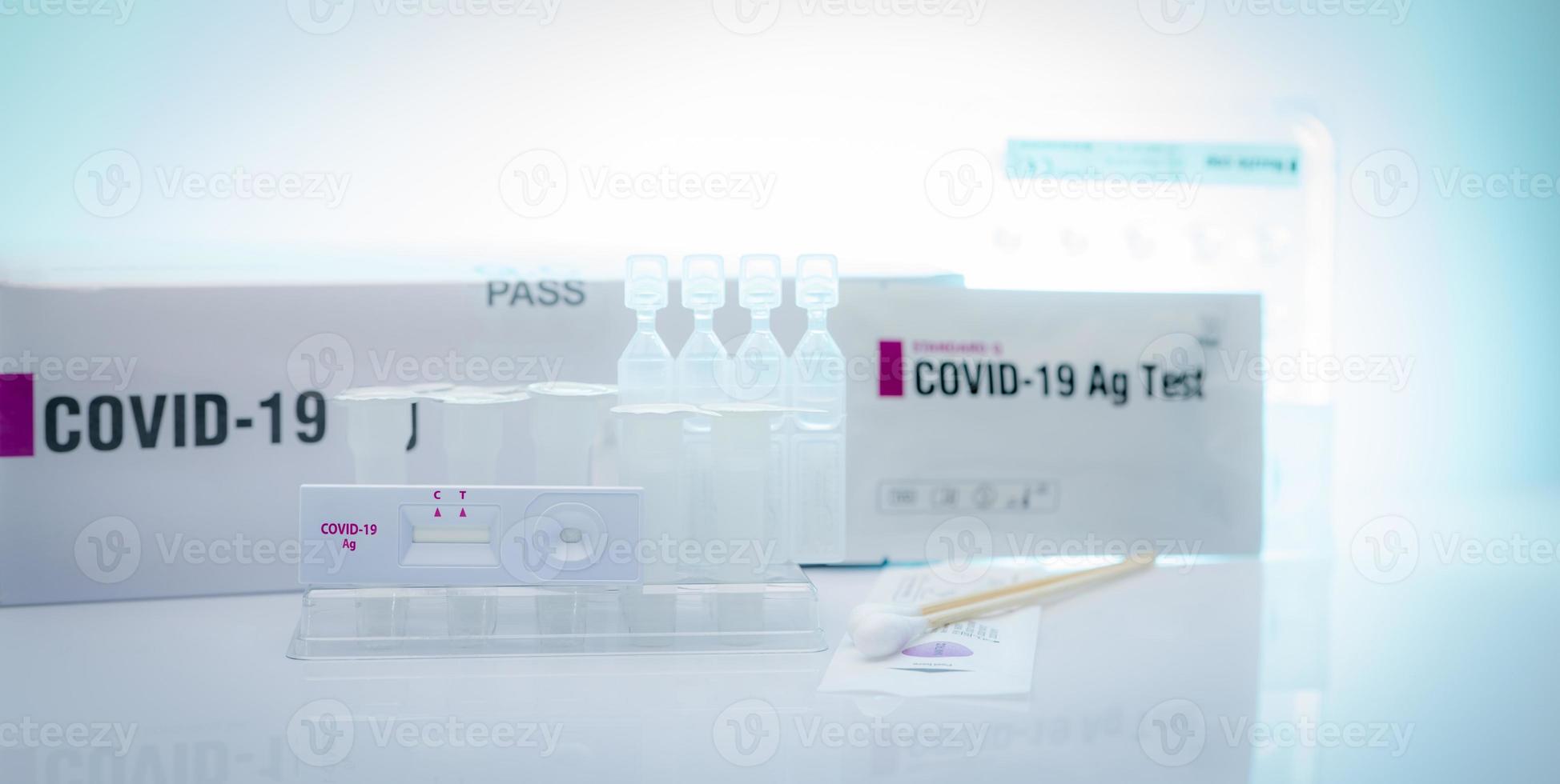 Covid 19 antigen self test for nasal swab. Antigen test kit for home use to detection coronavirus infection. Rapid antigen test. Corona virus diagnosis. Medical device for covid-19 Antigen test. photo