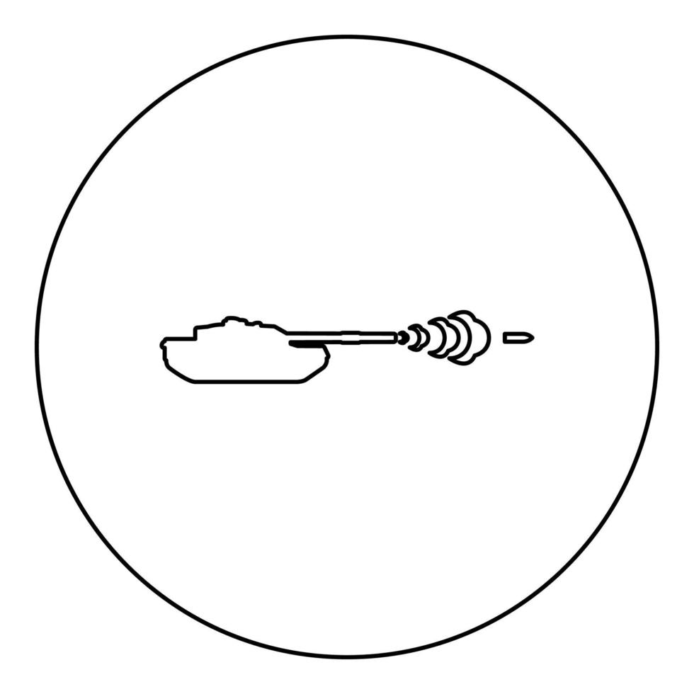 Tank shooting projectile shell military smoking after shot war battle concept icon in circle round black color vector illustration image outline contour line thin style