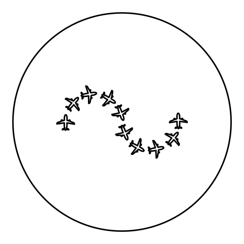 Route from airplanes flight tourism path plane flights adventure time concept itinerary fly icon in circle round black color vector illustration image outline contour line thin style