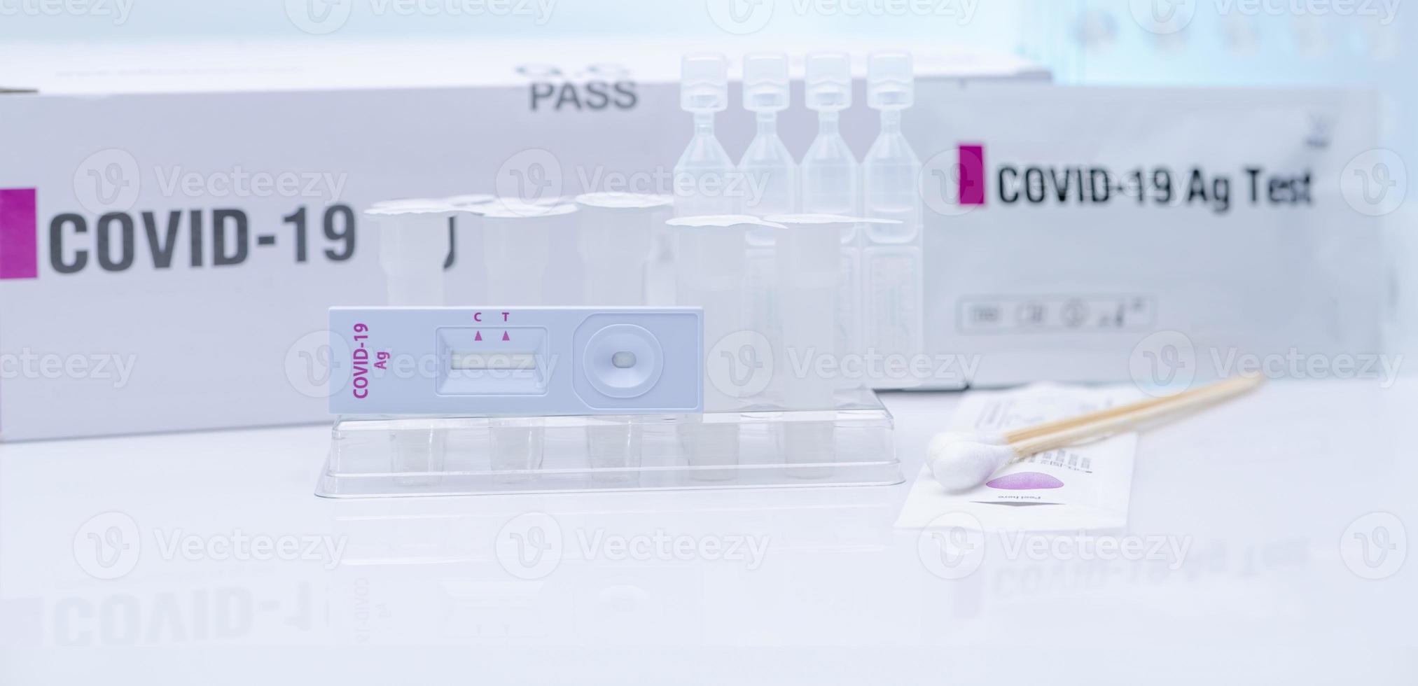 Covid 19 antigen self test for nasal swab. Antigen test kit for home use to detection coronavirus infection. Rapid antigen test. Corona virus diagnosis. Medical device for covid-19 Antigen test. photo