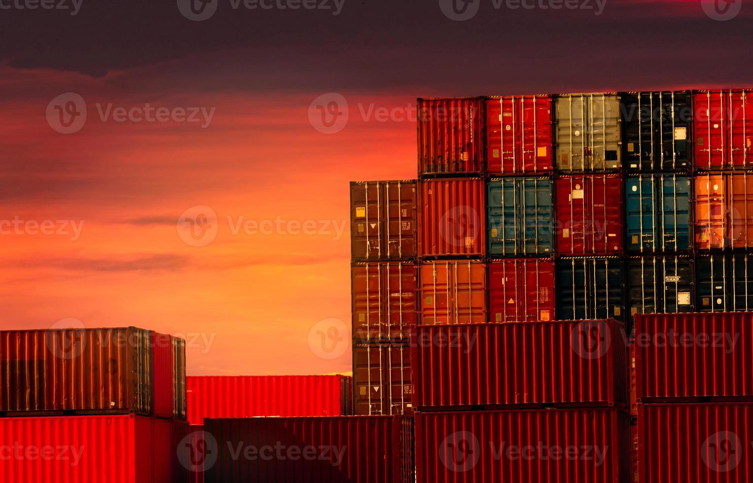 Container logistic. Cargo and shipping business. Container ship for import and export logistic. Container freight station. Logistic industry from port to port. Container at harbor for truck transport. photo