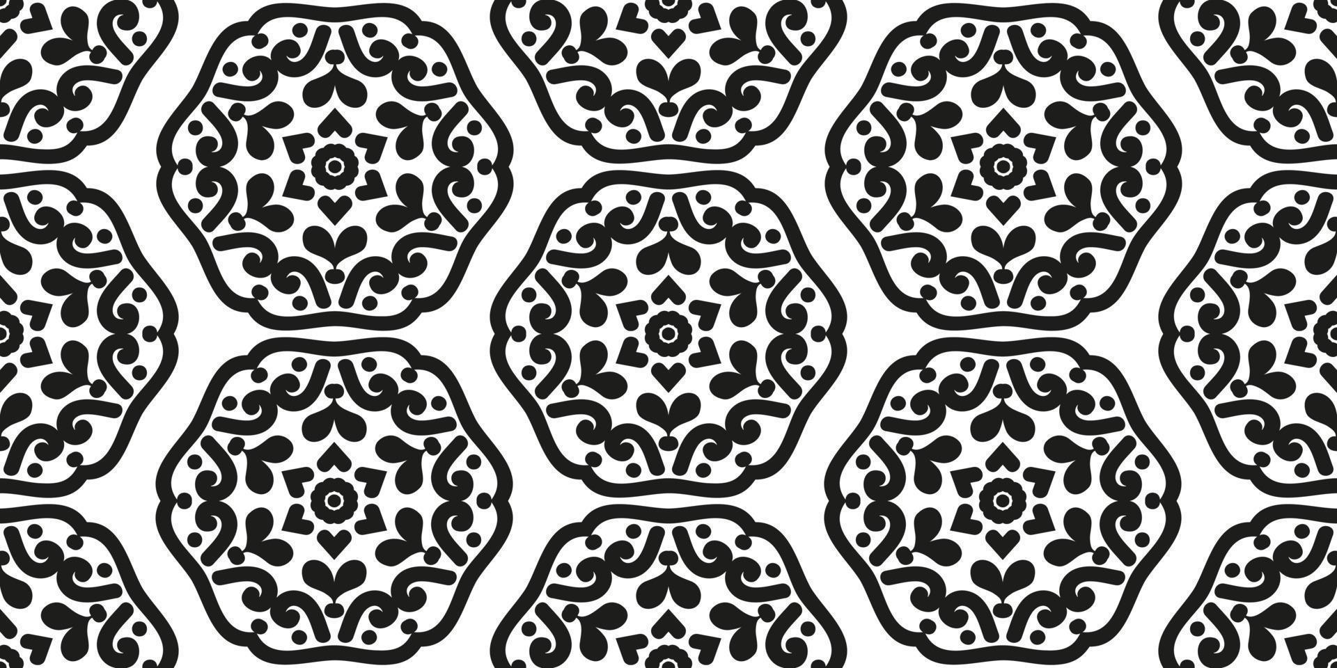 Seamless geometric pattern from symmetrical mandalas. Vintage abstract damask ornament for textile, wallpaper or paper. Black and white. vector