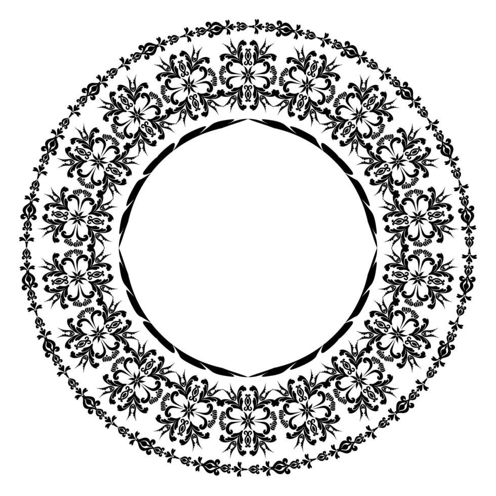 Rich floral round ornament.Mehndi pattern. For the design of wall, menus, wedding invitations or labels, for laser cutting, marquetry. Digital graphics. Black and white. vector