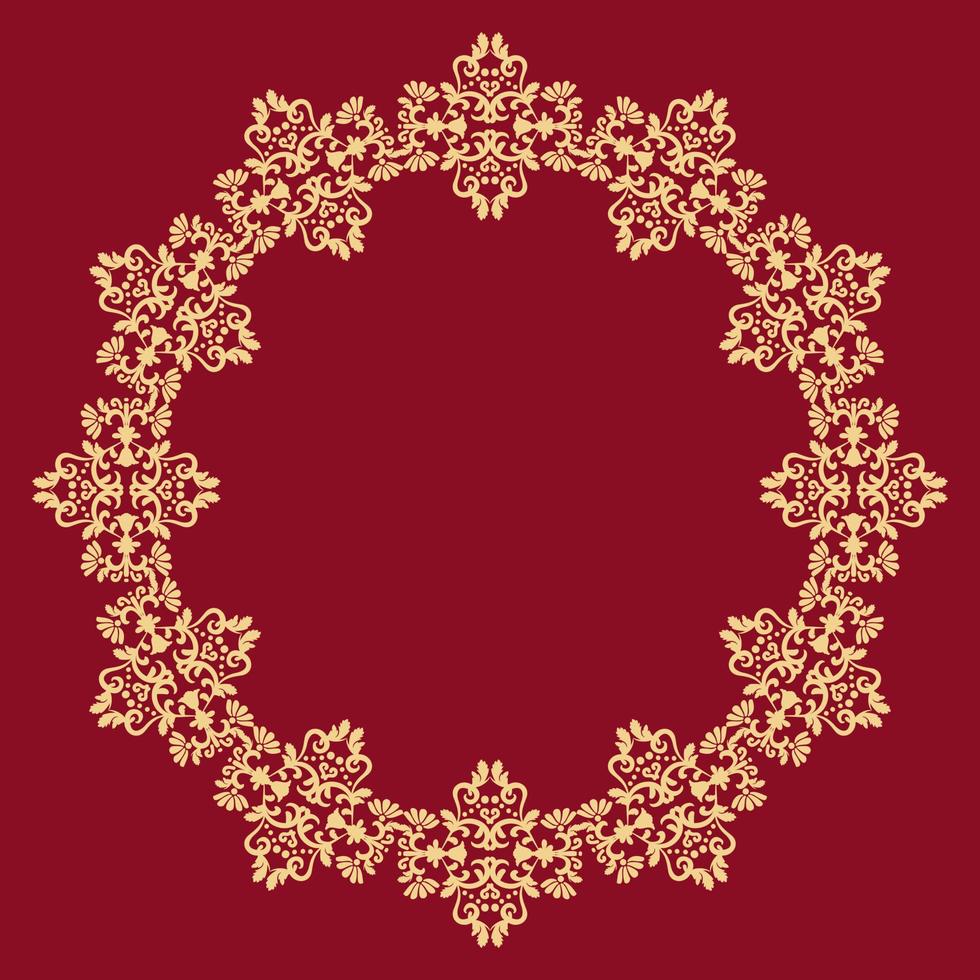 Antique round pattern. Gold lace border on red background. Place for text. Gold, red. Ornament for decoration of cards and invitations. vector