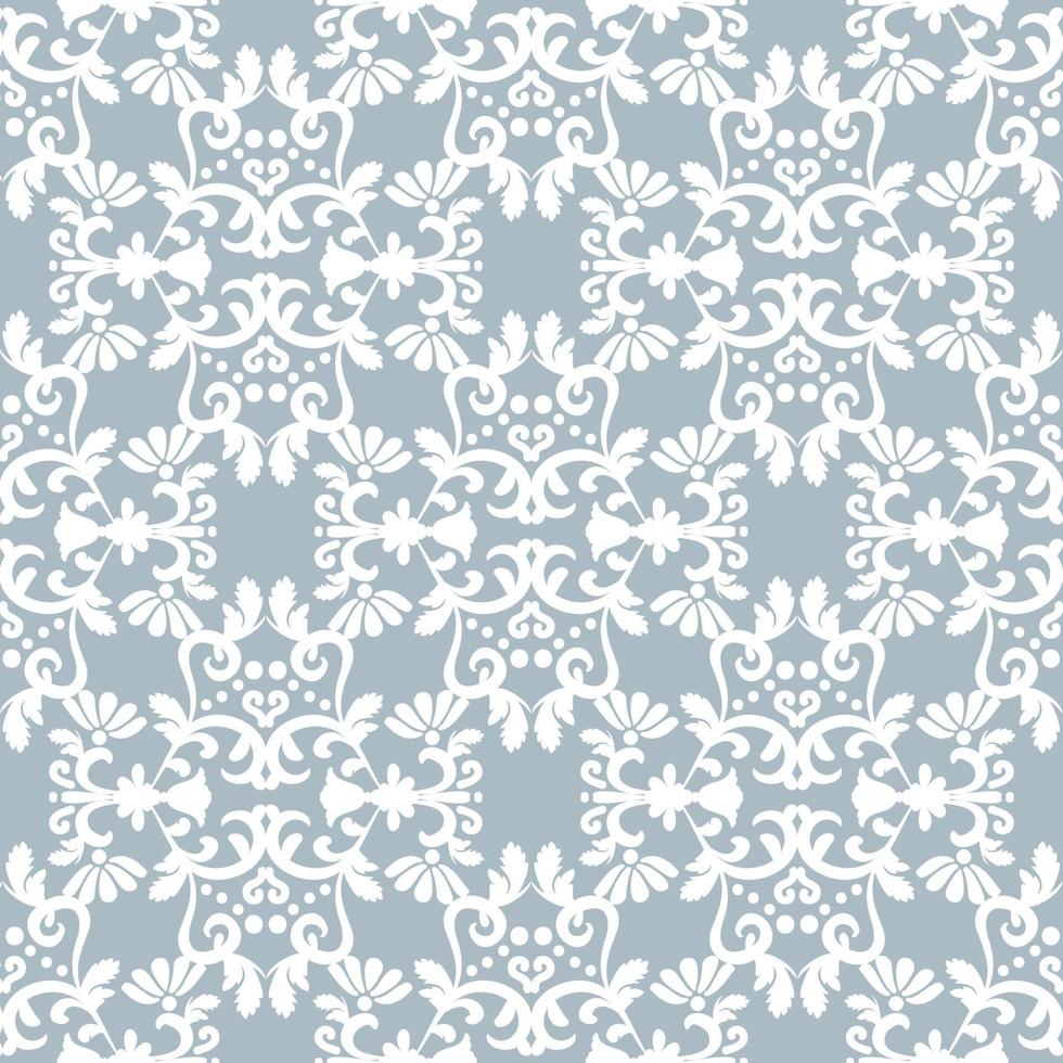 White ornament on light blue background. Floral damask seamless pattern. Vector winter background. For fabric, wallpaper or packaging.