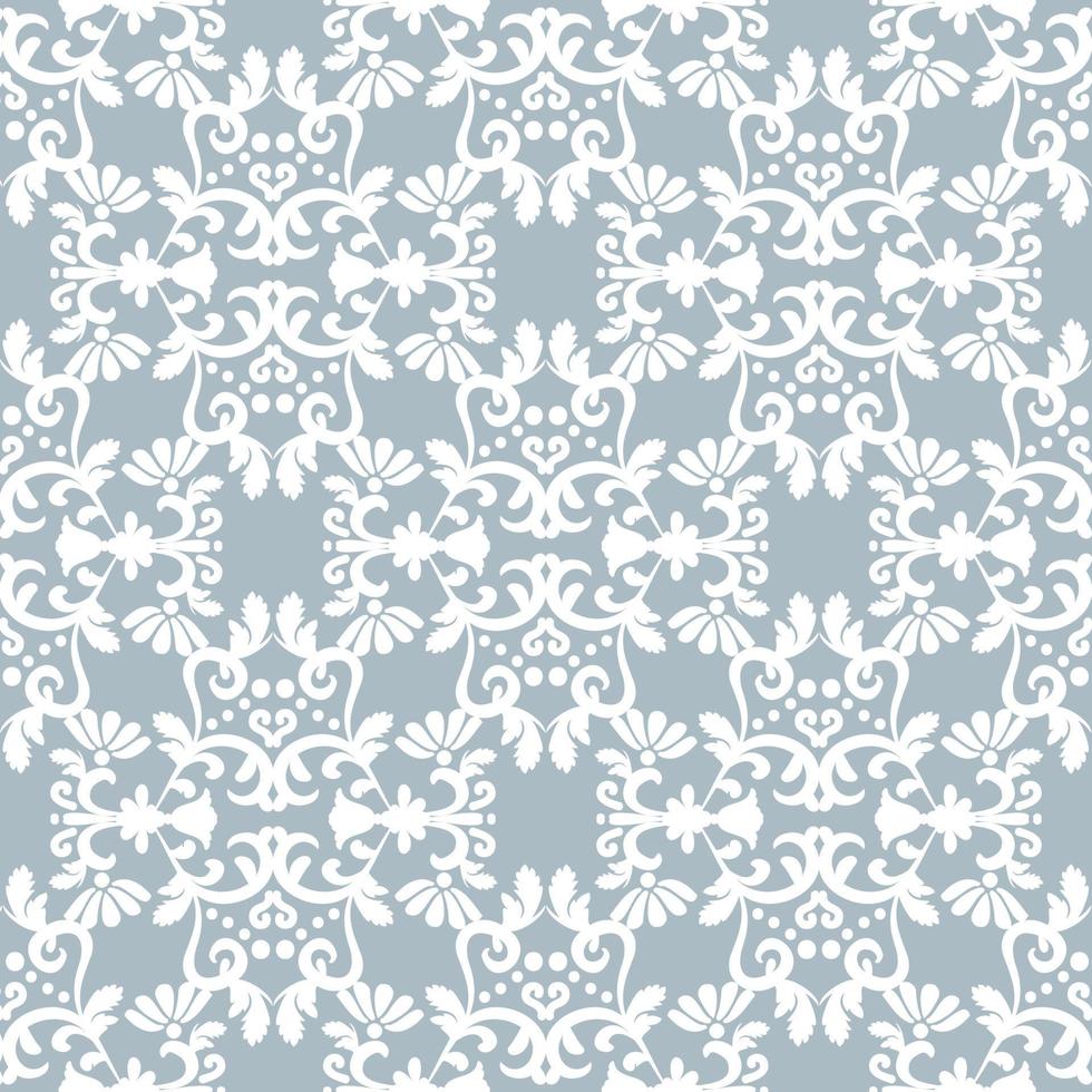 White ornament on light blue background. Floral damask seamless pattern. Vector winter background. For fabric, wallpaper or packaging.