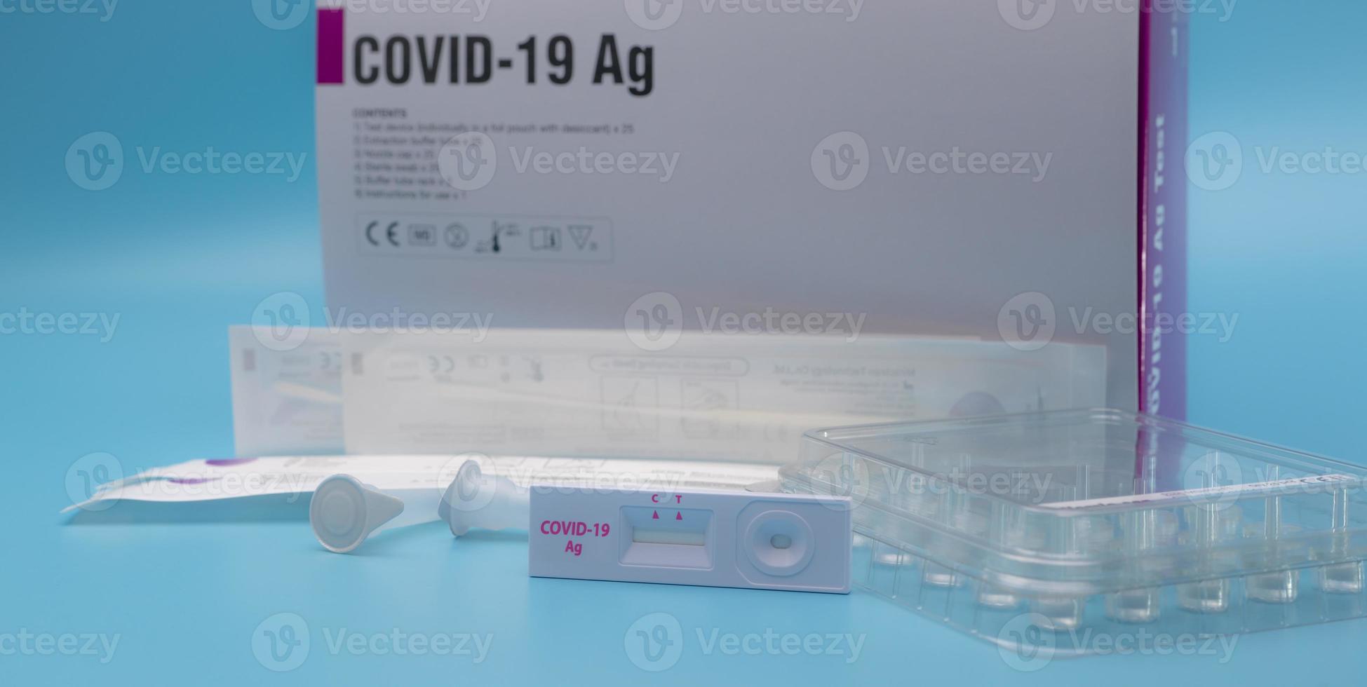 Covid 19 antigen self test for nasal swab. Antigen test kit for home use to detection coronavirus infection. Rapid antigen test. Corona virus diagnosis. Medical device for covid-19 Antigen test. photo