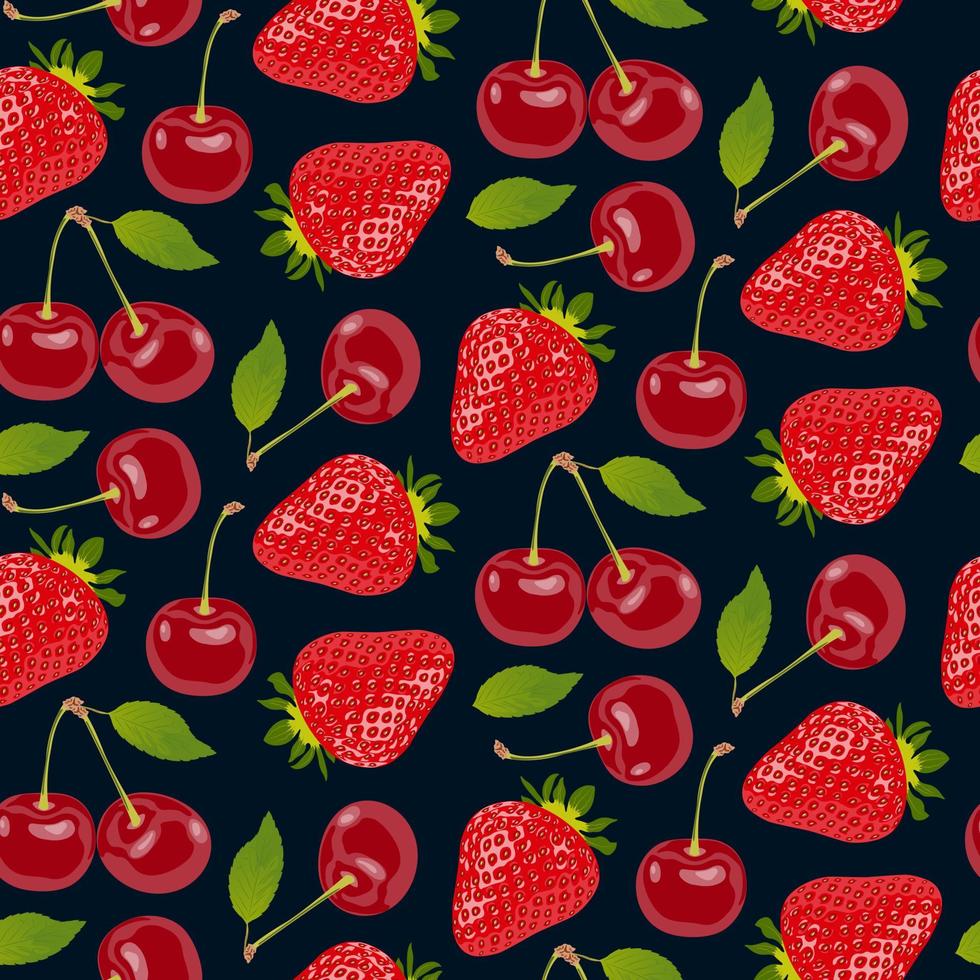 fresas rojas y cerezas con una hoja verde sobre un fondo azul oscuro. fondo con varios patrones sin fisuras de bayas. hermosa ilustración de vector de frutas rojas frescas.