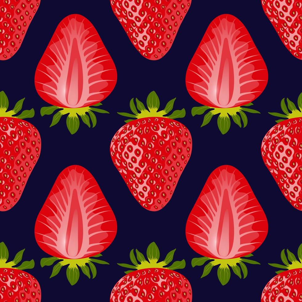 Beautiful background with ripe red strawberries and slices of strawberries on a dark blue background. Vector abstraction with strawberries. Fruit seamless pattern.