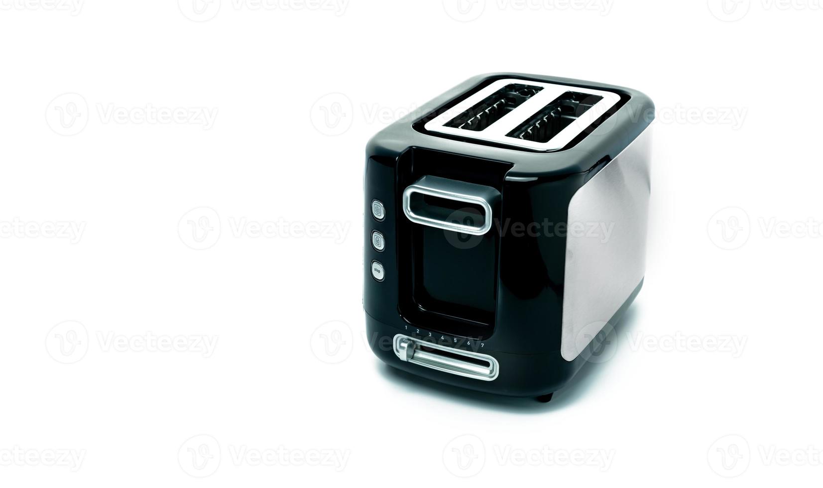 Black toaster isolated on white background. Brushed stainless steel toaster for bread toast. Two slot pop-up toasters. Kitchen appliance. Household electric small appliance for heating sliced bread. photo