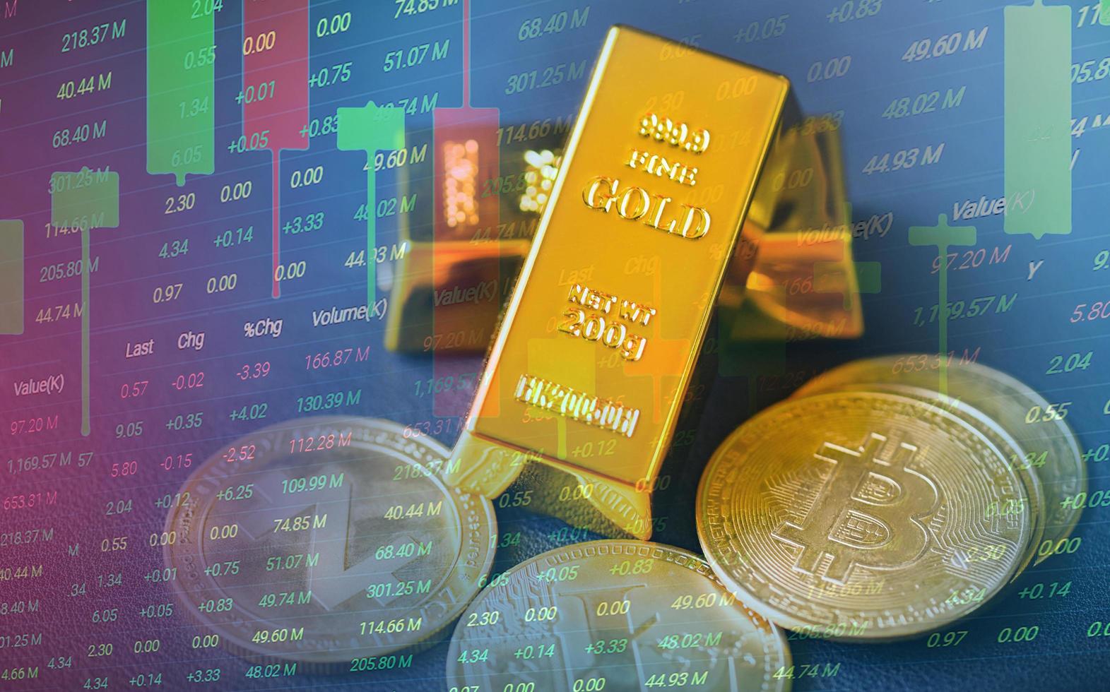 Bitcoin and Gold trading, gold bars on table with stock graph chart stock market trade background, pile of gold bars financial business economy concepts, wealth success in business and finance photo