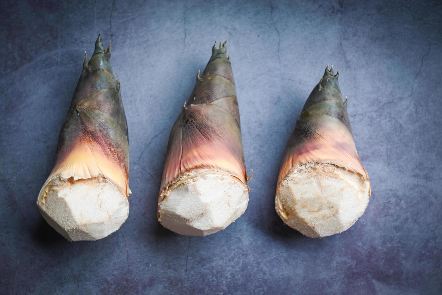 Fresh raw bamboo shoot for cooking food in thailand, Bamboo shoots on dark table background photo