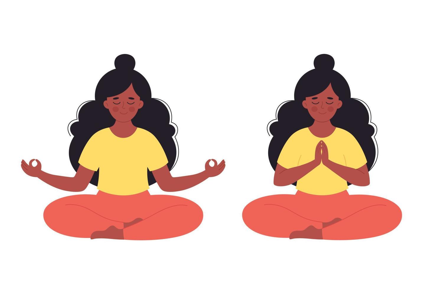 mujer negra meditando en posición de loto. estilo de vida saludable, yoga, relax, ejercicio respiratorio. vector