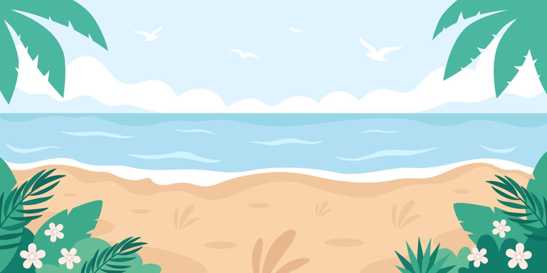 Tropical beach landscape. Hello summer, summer vacation. Ocean shore vector