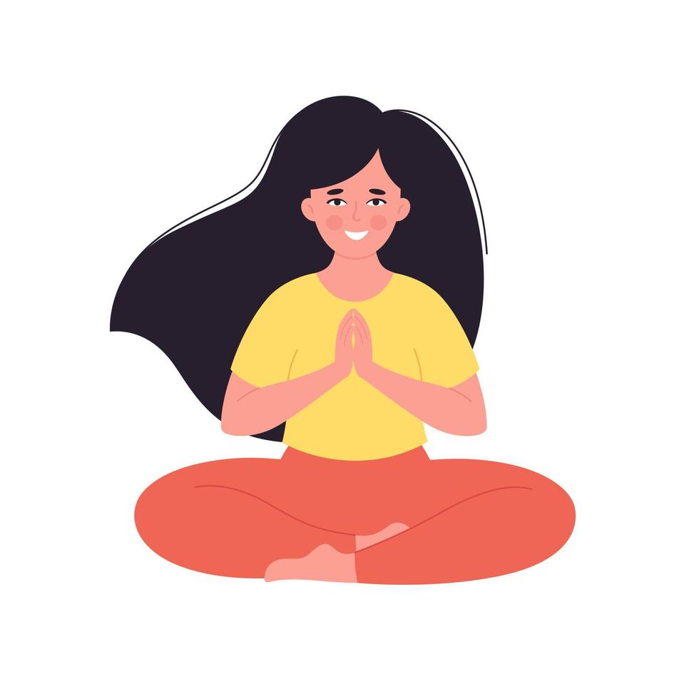 Woman meditating in lotus pose. Healthy lifestyle, yoga, relax, breathing exercise. vector