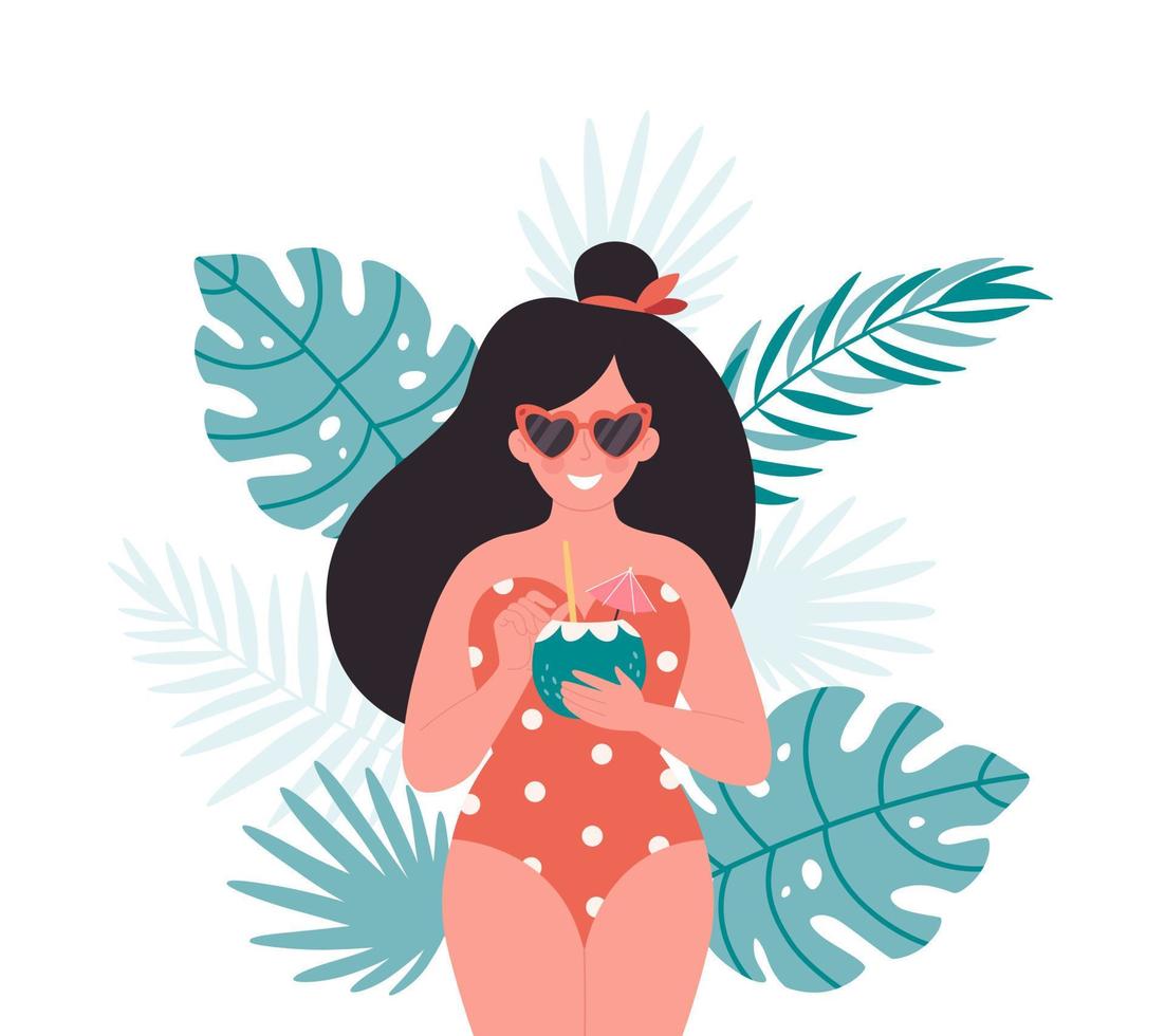 Woman with summer cocktail. Hello summer, vacation, summertime, summer party. Woman in retro swimsuit and retro glasses vector