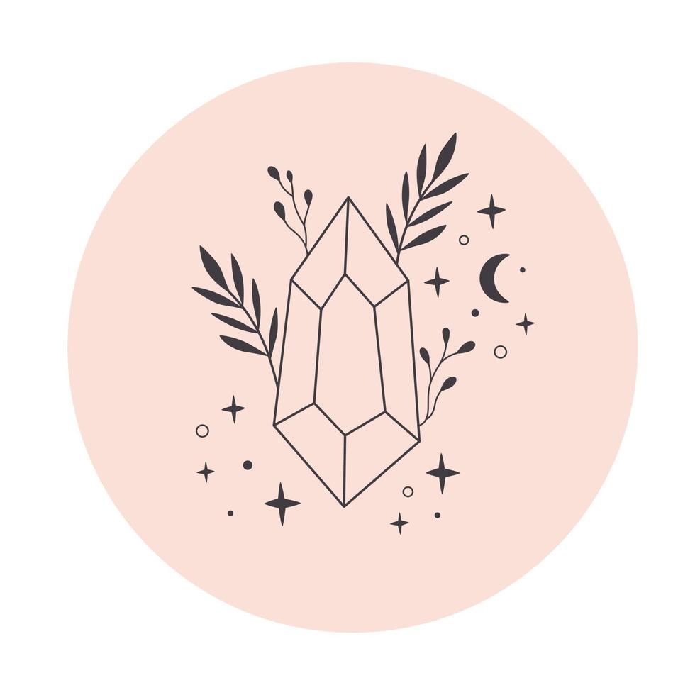 Mystical, esoteric or healing crystals with flowers, leaves. Linear art vector