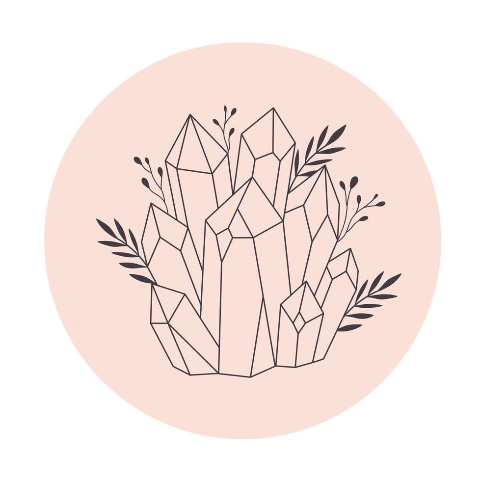 Mystical, esoteric or healing crystals with flowers, leaves. Linear art. vector