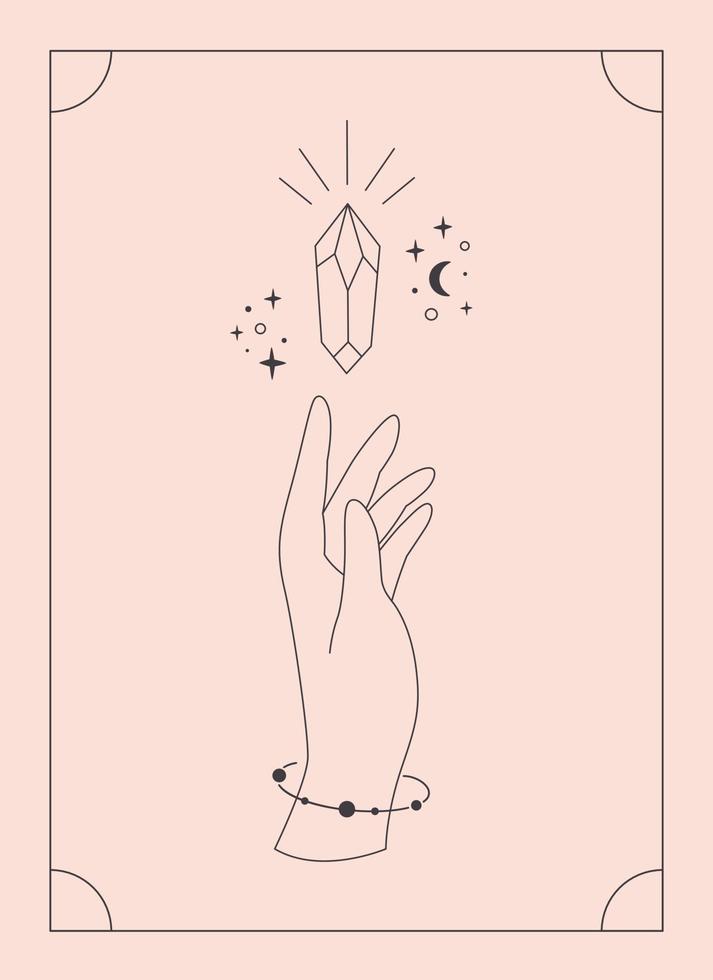 Hand with crystal. Mystical, esoteric, magic or healing crystal. Linear art. vector