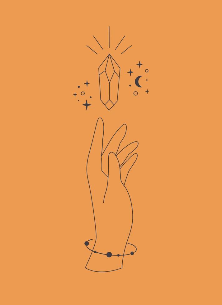 Hand with crystal. Mystical, esoteric, magic or healing crystal. vector