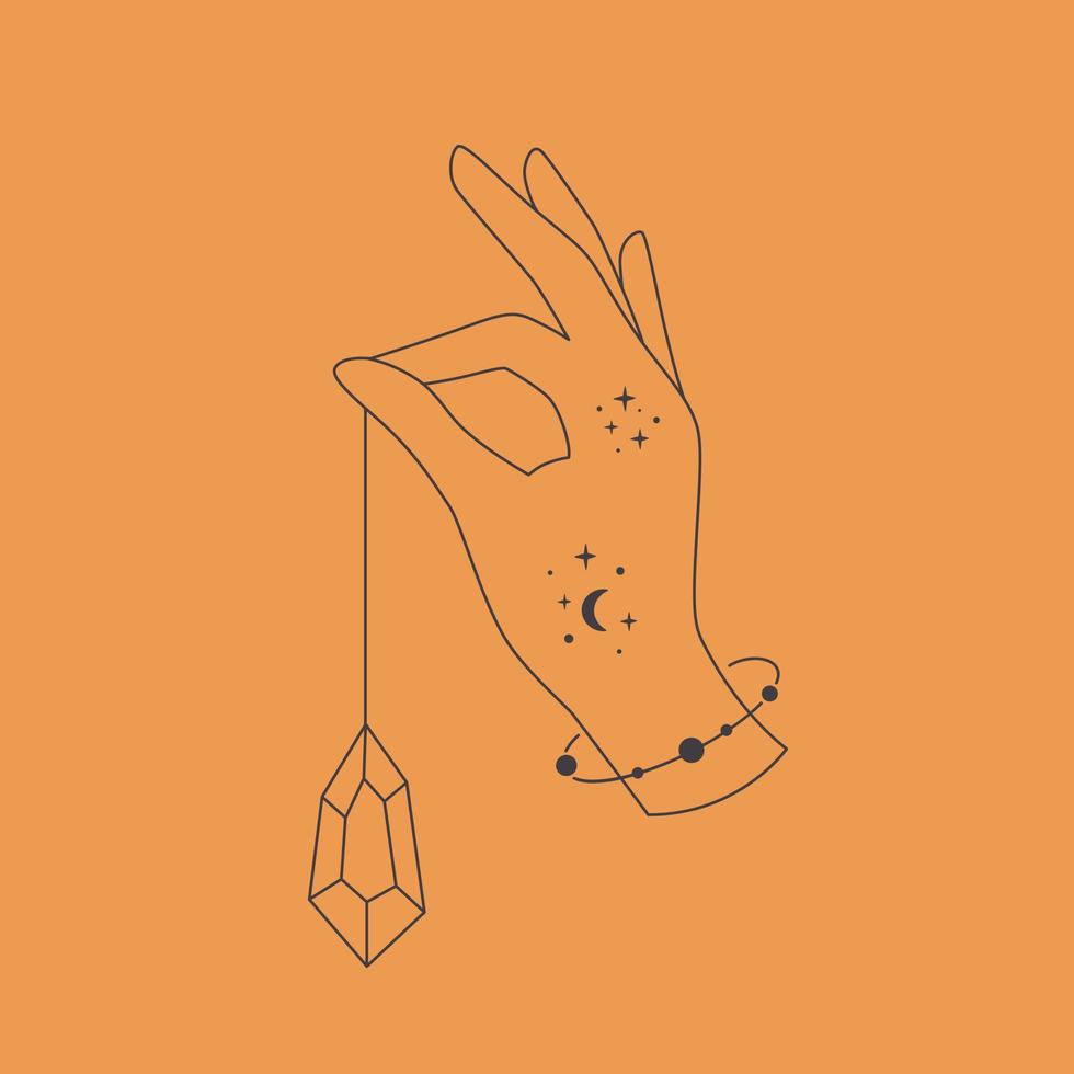 Hand with crystal. Mystical, esoteric, magic or healing crystal. vector