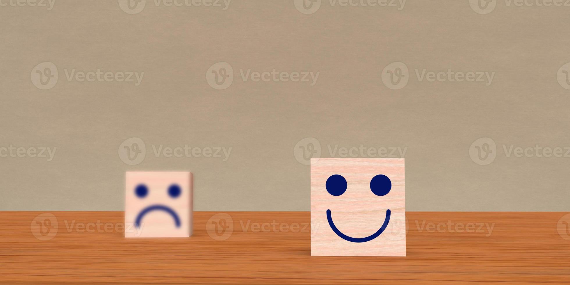 cubo bloque madera cara buena suerte feliz sonrisa positivo divertido y enojado triste grave emoción símbolo negocio recursos humanos estrategia visión oportunidad servicio riesgo oportunidad exitoso.3d render foto