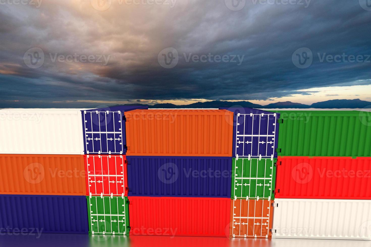 terminal almacén hipoteca carga contenedor naranja carretilla elevadora grúa comercio ingeniero tecnología transporte empresa fábrica logística comercio electrónico internacional importación exportación cielo azul nube white.3d render foto