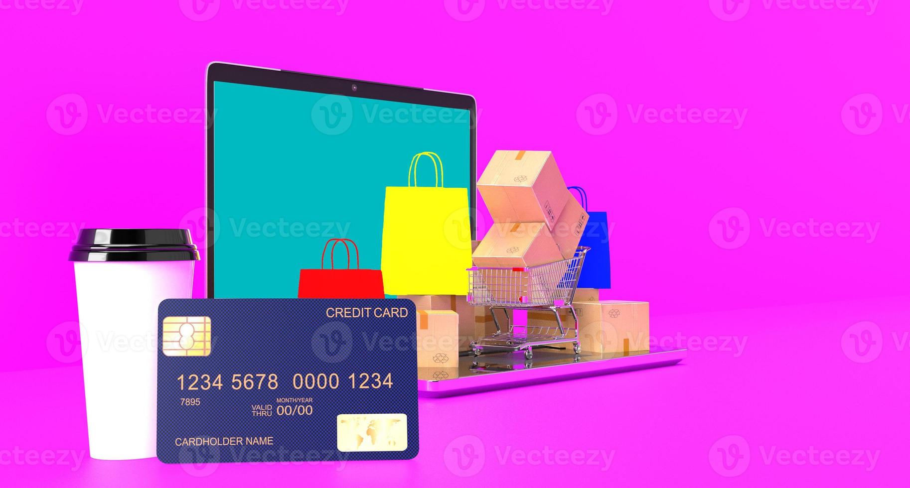Blue credit card coffee cup bag red yellow box shop store computer notebook laptop tablet payment money internet application online smartphone technology digital ecommerce business website.3d render photo