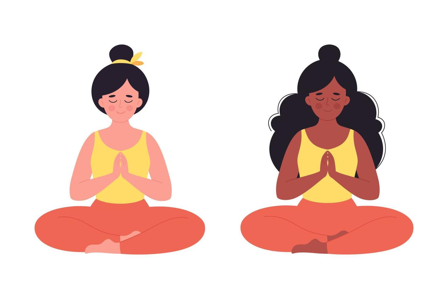 Women meditating in lotus pose. Healthy lifestyle, yoga, relax, breathing exercise. vector