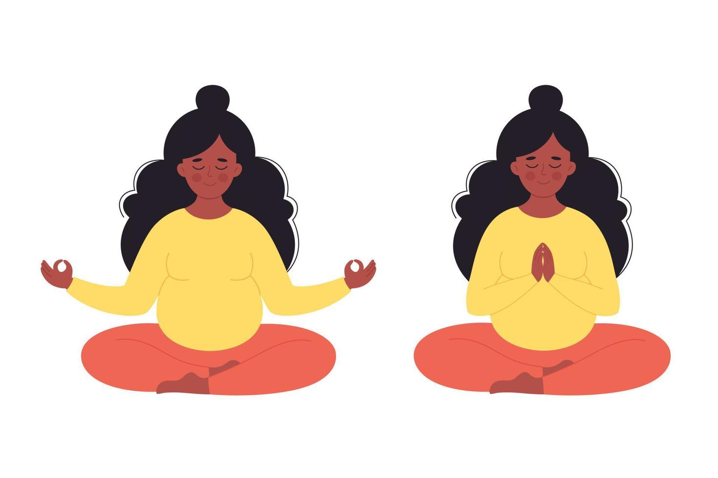 mujer embarazada negra meditando en pose de loto. embarazo saludable, yoga, ejercicios de respiración vector