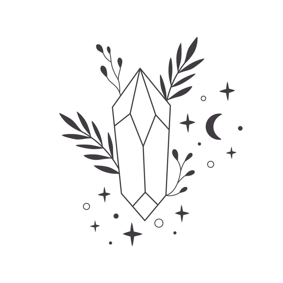 Mystical, esoteric or healing crystals with flowers, leaves. Linear art. vector