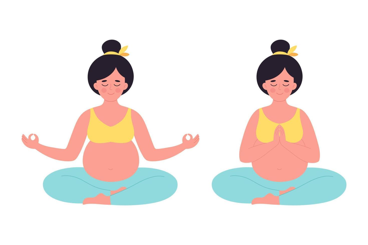 mujer embarazada meditando en posición de loto. embarazo saludable, yoga, relajación, ejercicio de respiración vector