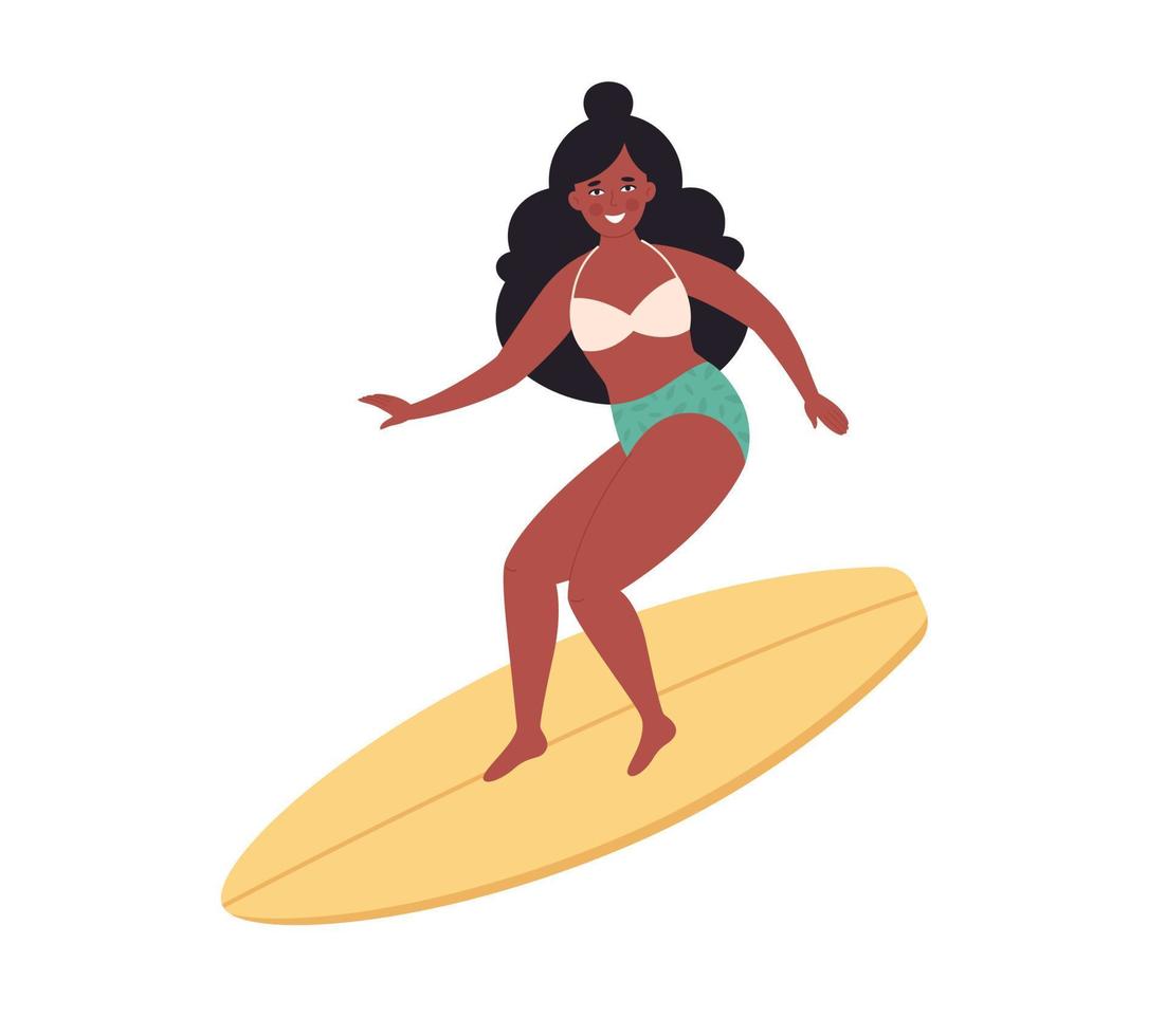 mujer negra surfeando en tabla de surf. actividad de verano, verano, surf. Hola Verano. vacaciones de verano. vector