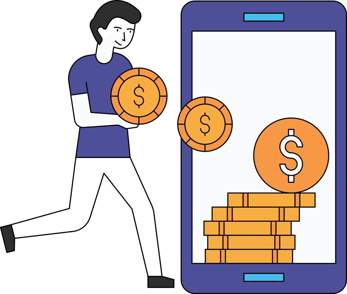 The boy is putting dollar coins on his mobile phone. vector