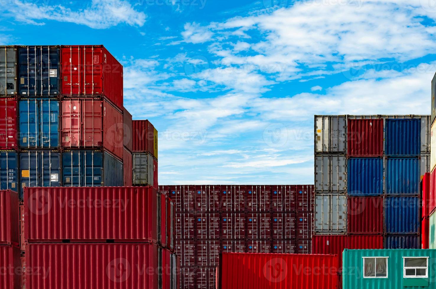 Container logistic. Cargo and shipping business. Container ship for import and export logistic. Container freight station. Logistic industry from port to port. Container at harbor for truck transport. photo