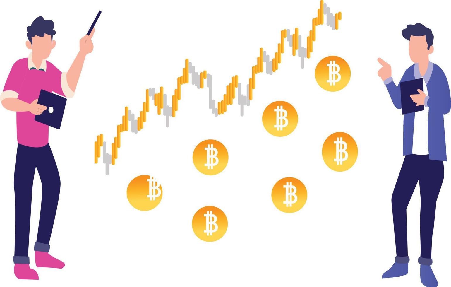 los chicos están trabajando en gráficos de bitcoin. vector