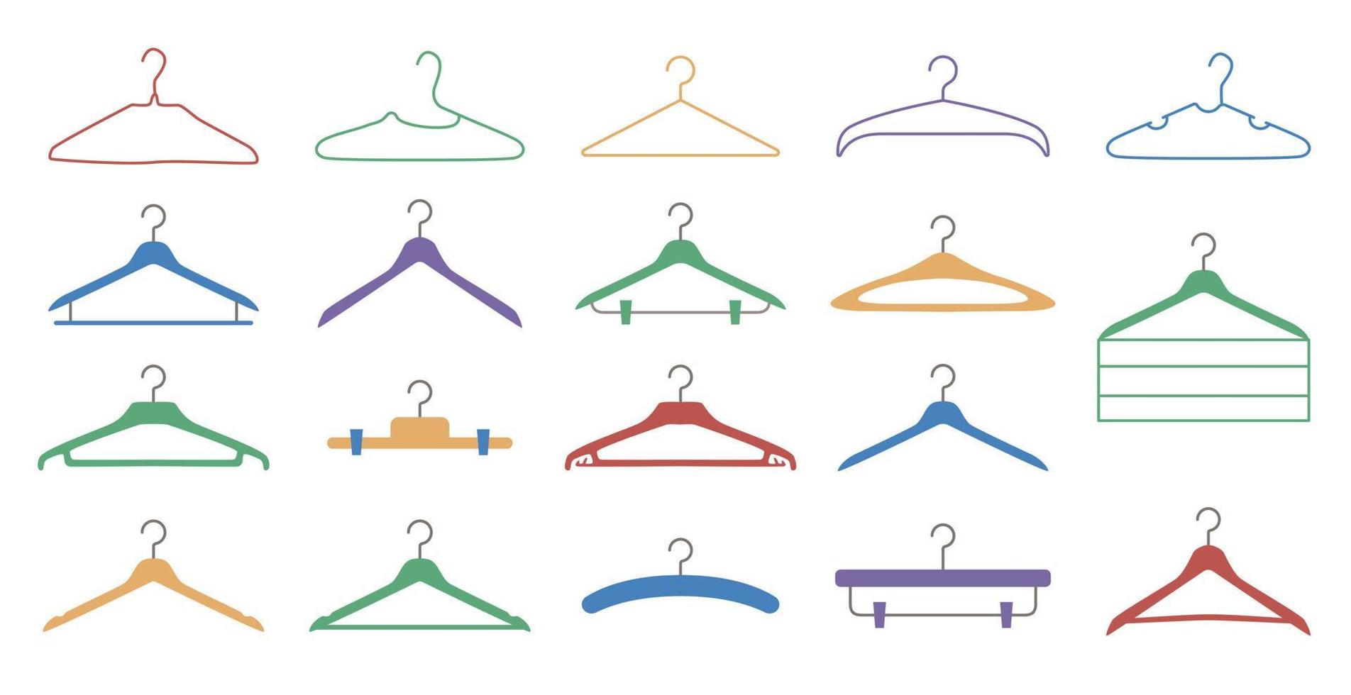Set of different flat coloreful clothes hangers isolated on the white background. Coat and dress empty fashion clothing hooks. Vector illustration